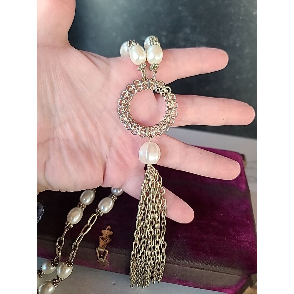 Chico's Adjustable Faux Pearl Beaded Tassel Pendant Necklace Vintage